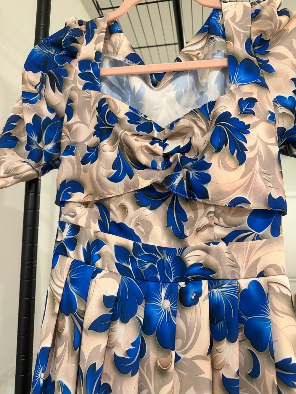 Floral A-Line Midi Dress in Blue and Cream - Picture 6 of 6
